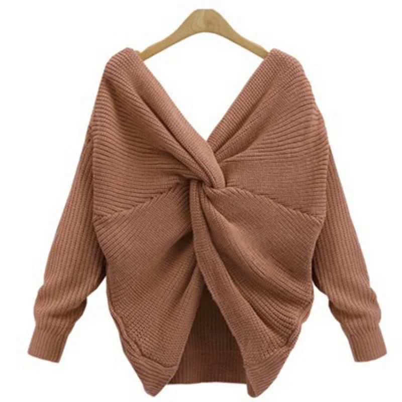 Женский вязаный свитер однотонный пуловер с v-образным вырезом и длинным рукавом