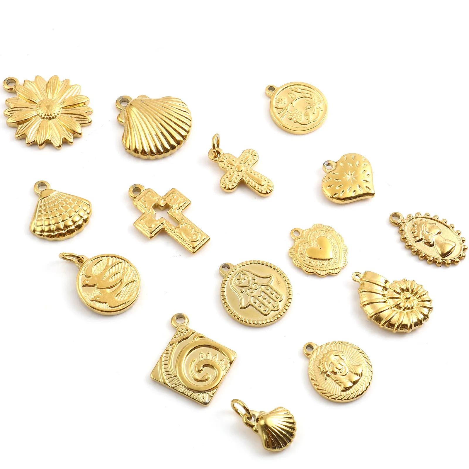 

Punk Style Stainless Steel Charms Gold Color Metal Flower Shell Heart Cross Pendants DIY Making Women Men Necklace Jewelry,1PC