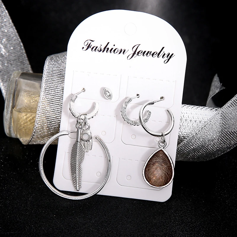 

5 Pcs/Set Personality Water Drop Leaf Palm Eye Crystal Circle Pendant Tremella Punk Earring Birthday Party Jewelry Earrings Set