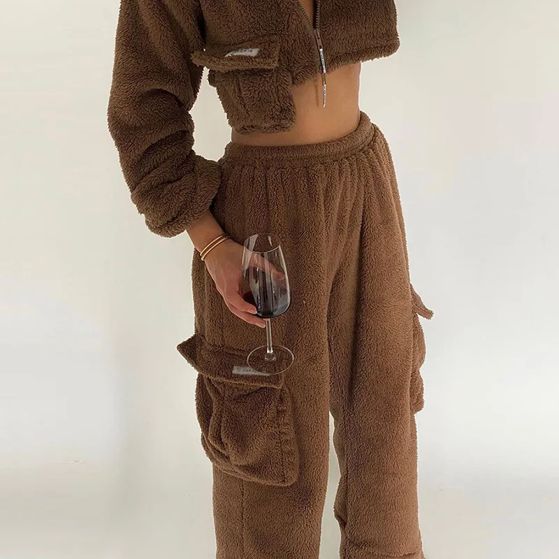 Инди эстетическое женские брюки y2k плюшевого меха коричневый Высокая Талия