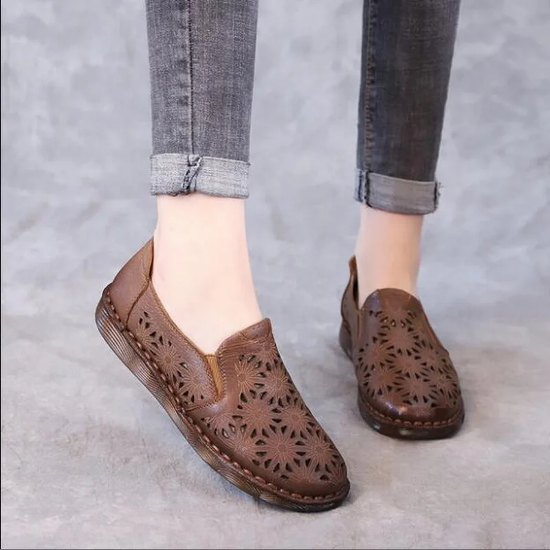 2020 Summer Women Flat Sneakers Shoes Genuine Leather Casual Flats Women Hollow Out  Ladies Slip on Loafers Ballerina Espadrille