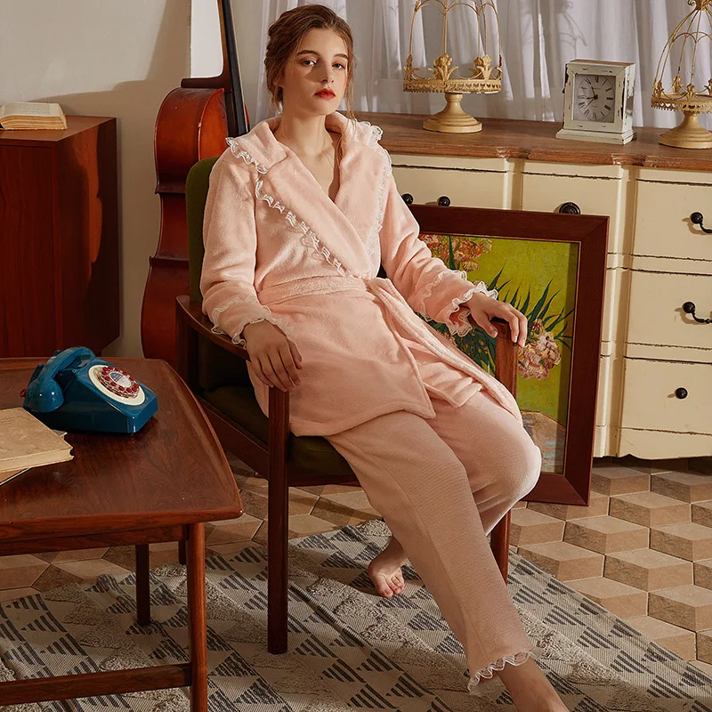 Roseheart New Winter Pink Women's Sleep Nightwear Suits Pajama Sets Sleepwear Suits Flannel Plus Size Nightgown 2 Pieces S M L