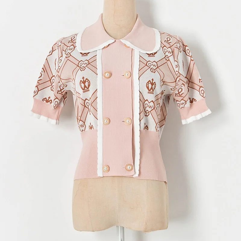 

New Design Summer Knitted Cardigan T-Shirt Double-Breasted Doll Collar Short Sleeve Gentle Elegant Women Fashion Tops Clothes
