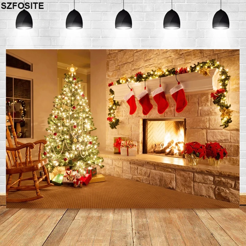 

Christmas Tree Fireplace Flame Red Socks Festival Background Family Room Decoration Photography Studio Shot Photo Vinyl Backdrop