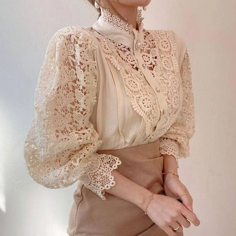 New 2021 Sweet Hollow Out Lace Patchwork Women Blouse Shirt Flower Stand Collar Button Sleeve White Top Petal Blusas V5L5