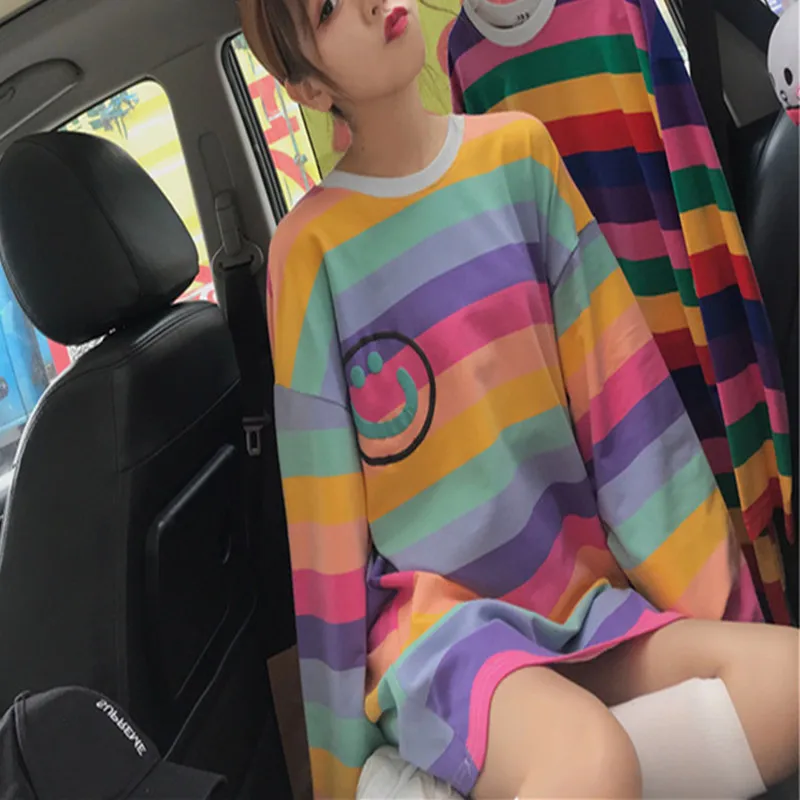 Футболка женская свободная Корейская версия осень 2019 новый тренд дикие радужные