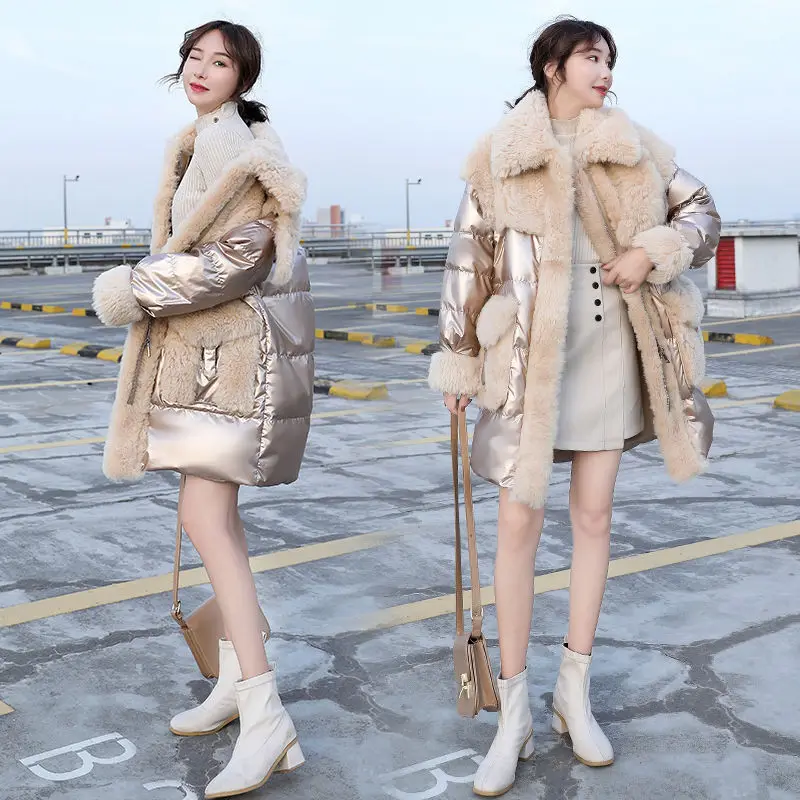 New cotton dress women's medium and long style popular women's clothing collar fashion imitation lamb hair splicing bright face