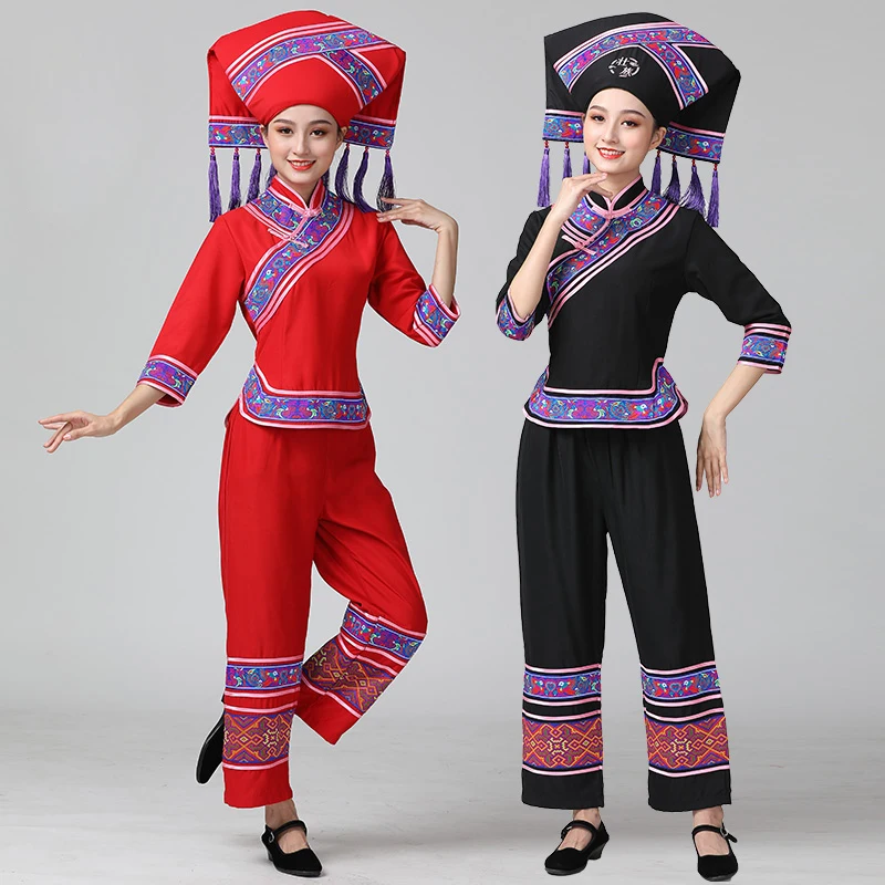 Guangxi zhuang costume tujia and miao Outfit yi minority dance dress female minority Holiday party clothing Hat + Jacket + Pants