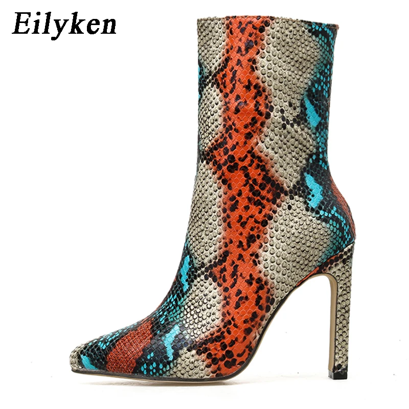 Eilyken/женские ботильоны из искусственной кожи со змеиным принтом; обувь на молнии с острым носком; женские ботинки на толстом высоком каблуке; обувь для вечеринок; Новинка года; сезон зима
