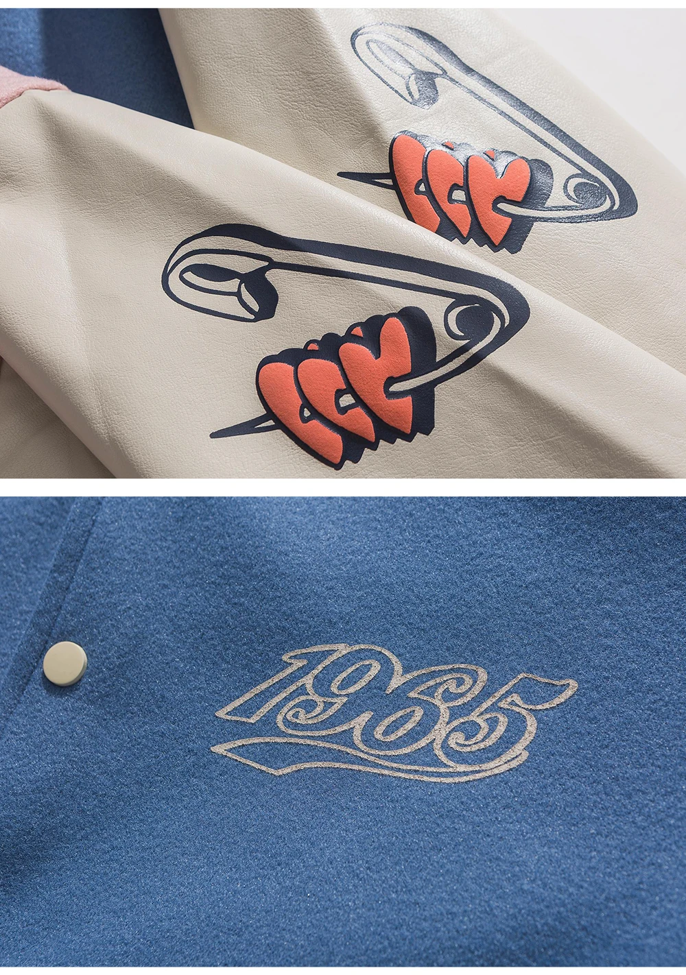 

Japanese Streetwear Women Harajuku Heart Print PU Leather Stitching Baseball Jacket College Casual Jackets Oversized Couple Coat