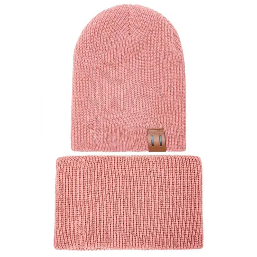 Pink Модная осенне-зимняя шапка и шарф для женщин, детская шапка и шарф, одноцветная Шапка-бини, шапка и снуд для мальчиков и девочек - Цвет: Pink