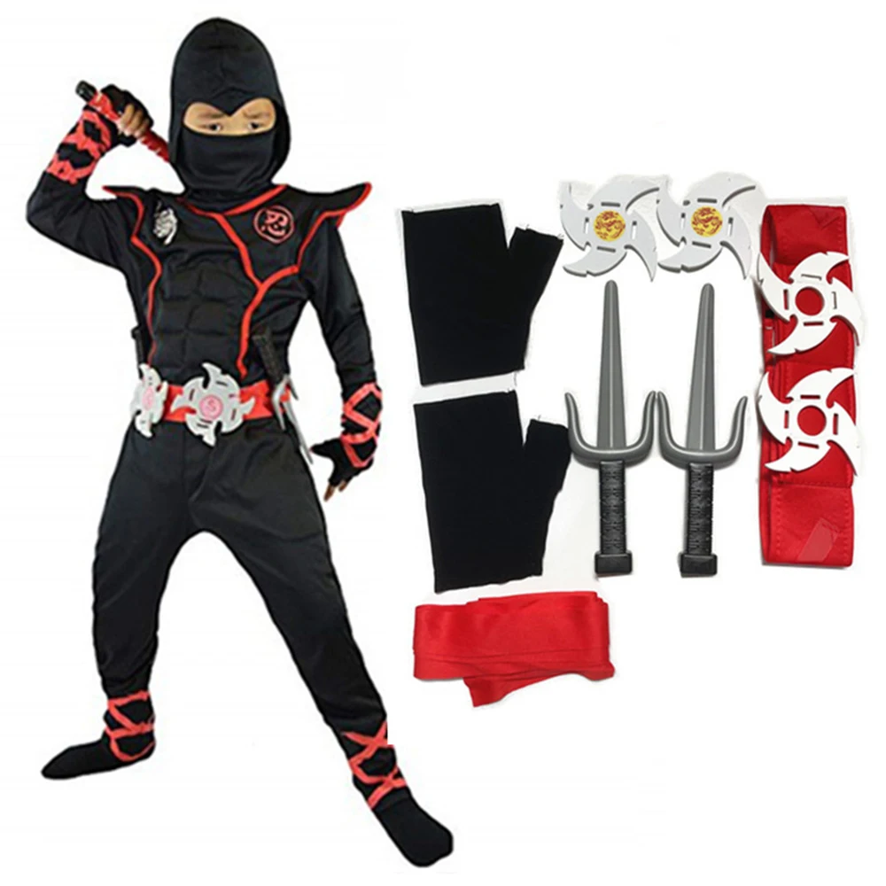 Ninja Costume Muscle Chest Power Ninja Suit Cosplay Boys Girls Party Fancy Dress Dagger Knife Darts Carnival Swordsman Warr Suit