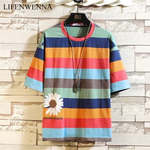 Летняя мужская футболка, новая модная полосатая футболка, Мужская свободная хлопковая Повседневная мужская футболка с коротким рукавом в стиле хип-хоп, уличная одежда