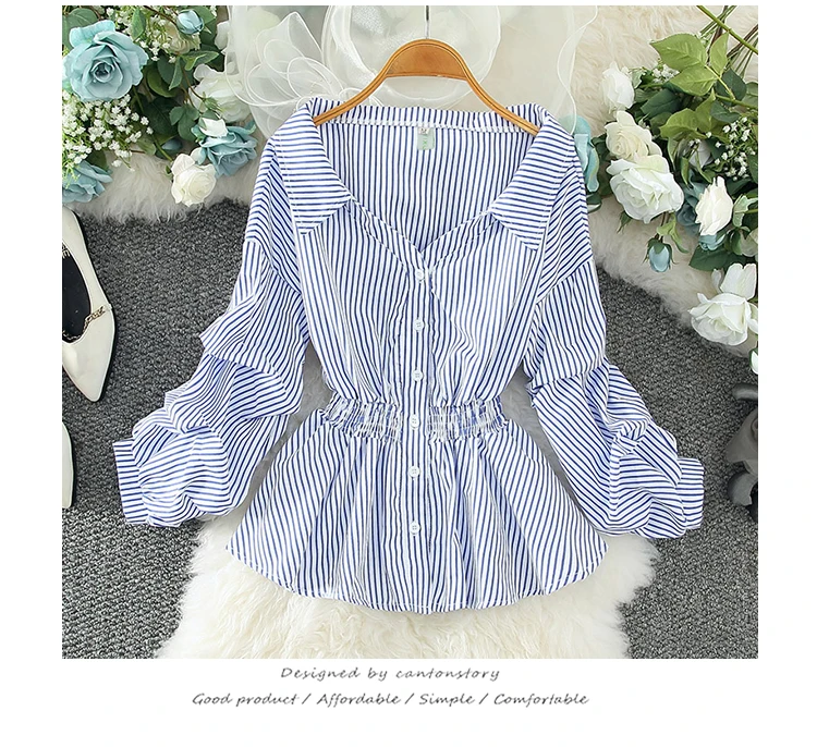 black long sleeve top stripe blouses Women chiffon long-sleeve New Tops Fashion Korean shirts Female blouse 2021Spring Autumn princess clothes V-neck satin blouse