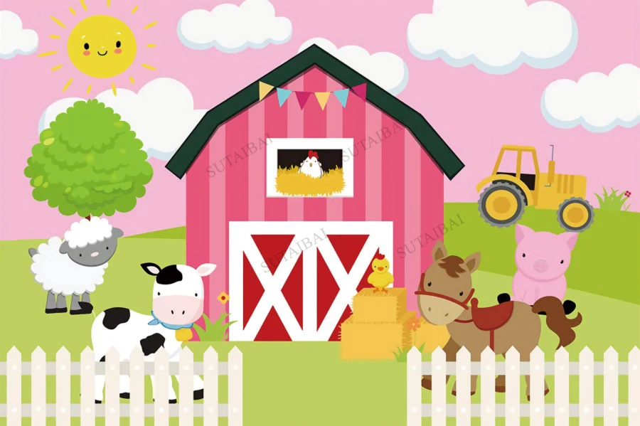 

Animal Farm Party Theme Kids Happy 1st Birthday Pink Photo Backdrop Photophone Photography Background Decoration Props