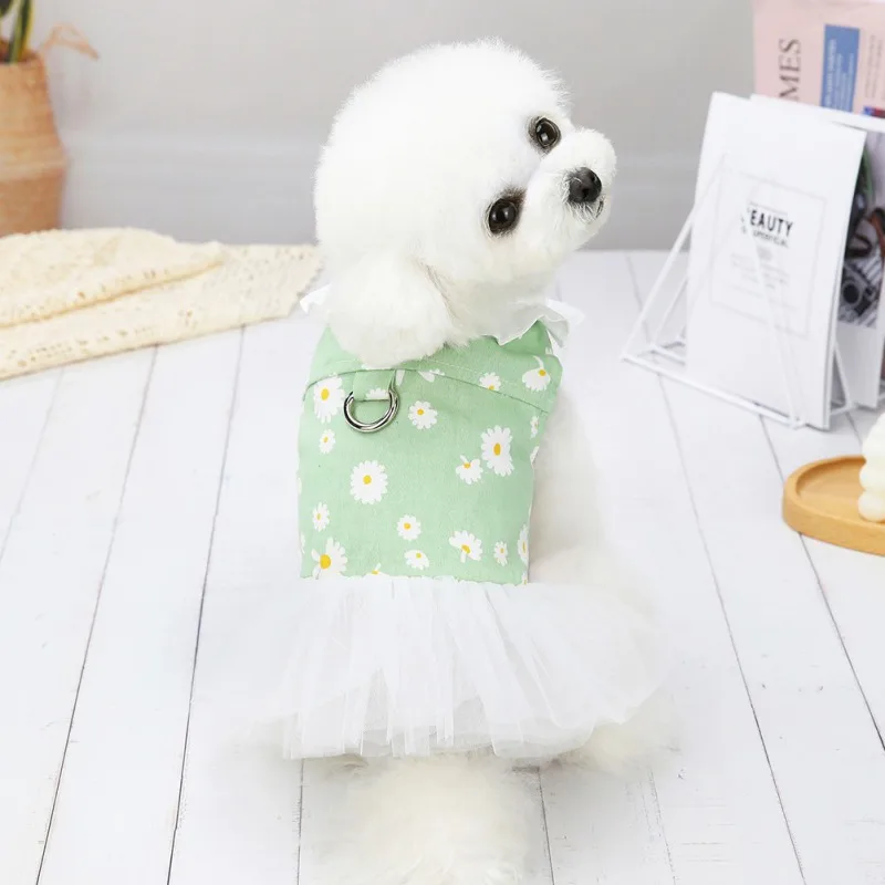 

Newest Pet Print Clothes Floral Denim Dog Dress Cute Tutu Skirt Clothing Chihuahua Apparel With Leash String Set Hot Sell