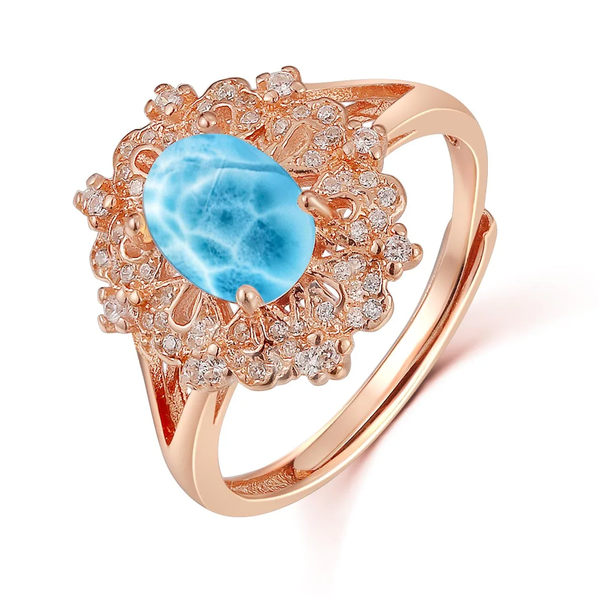 

Adjustable Size Ring 925 Silver Metal Rose Gold Plated Oval 1.25ct Larimar Gemstones Ring Natural Larimar Silver Rings