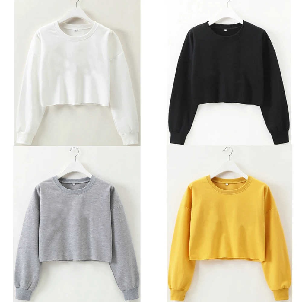 Women Casual Long Sleeve Sweatshirt Solid Color Round Neck Crop Top Pullover Hoodies Streetwear for Spring Autumn