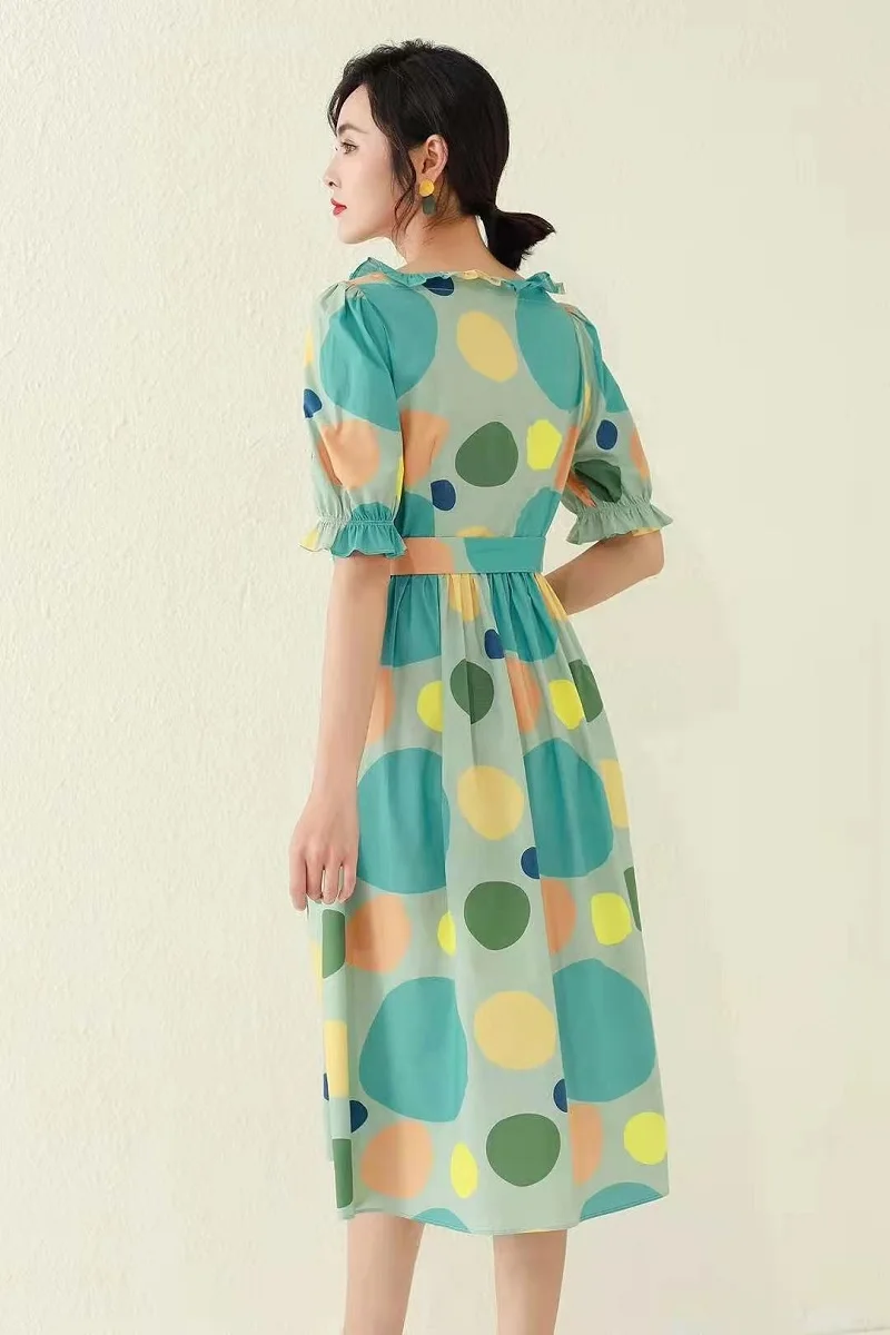 

Korean Fashion New Dress 2021 Summer Women Sexy Square Collar Big Polka Dot Print Short Sleeve Mid-Calf Casual Long Shirt Dress