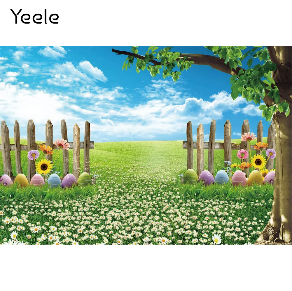 

Yeele Happy Easter Eggs Photocall Blue Sky Grass Flowers Fence Photography Backdrops Photographic Backgrounds For Photos Studio