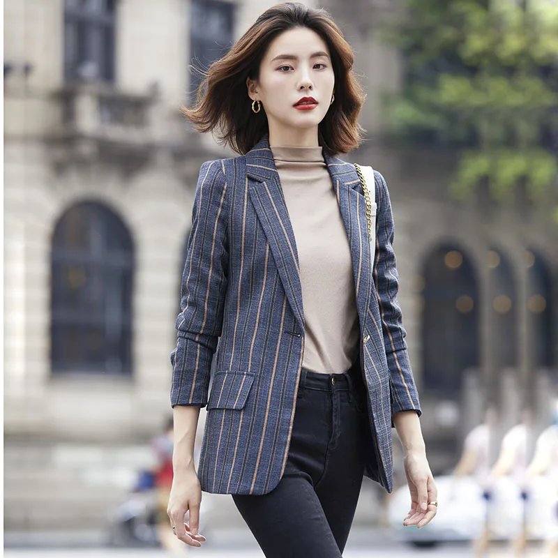 Женский блейзер в полоску серого и синего цвета модная повседневная куртка