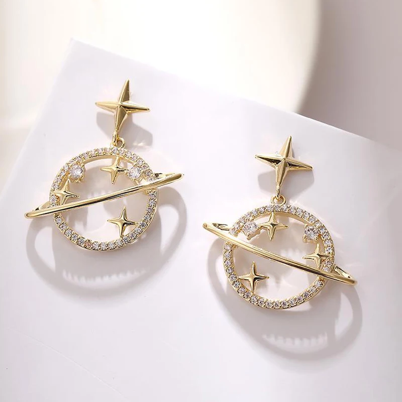 

Micro Pave Cubic Zircon Star Planet Stud Earrings For Women Korea Fashion Jewelry CZ Zircon Pendientes Mujer Brincos Gifts