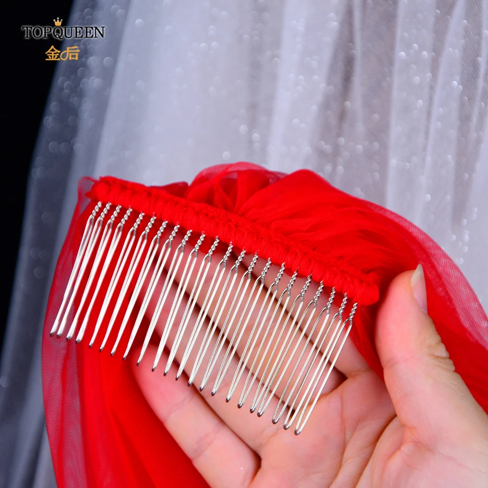 

TOPQUEEN V86 100% Handmade Wedding Veil Cathedral Veil Red Lace Embroidery Applique Veil Hair Accessories Chinese Red Hijab