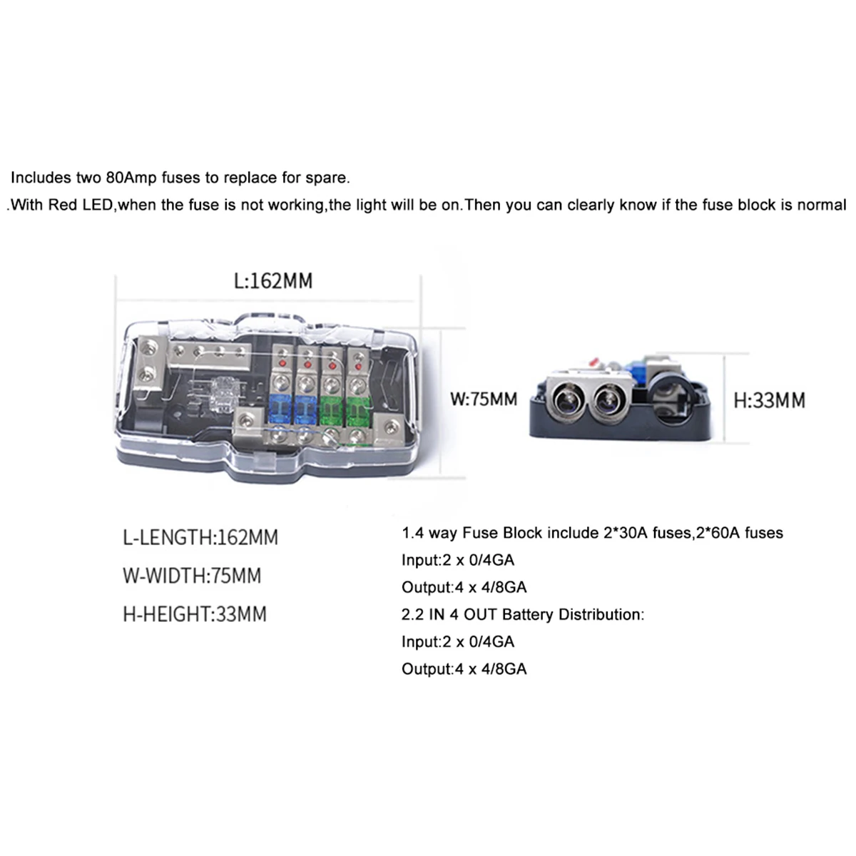 Многофункциональный светодиодный стерео мини-предохранитель ANL с 4-ходовым