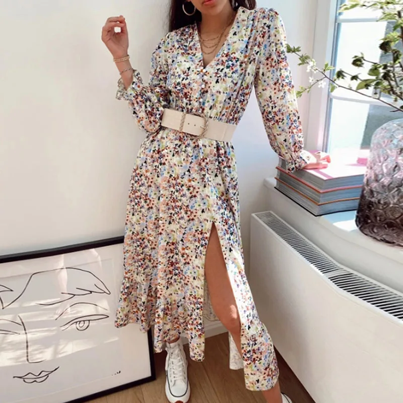 

Women Elegant Sexy V-Neck Party Long Dress 2021 Casual Autumn Spring Floral Printed Dresses Office Lady Summer Boho Beach Dress