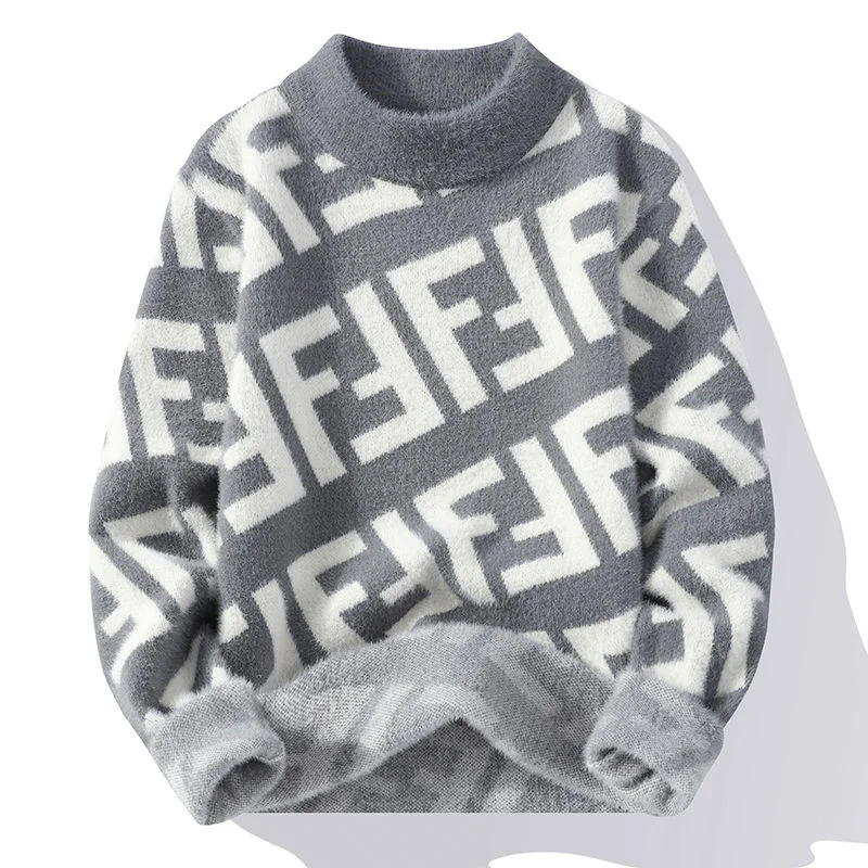 

Thick Knitted Mink Velvet Sweaters Trend Long Sleeve O-neck Tops Printed Letter Pullover Loose Cwarm Male Clothes Autumn Winter