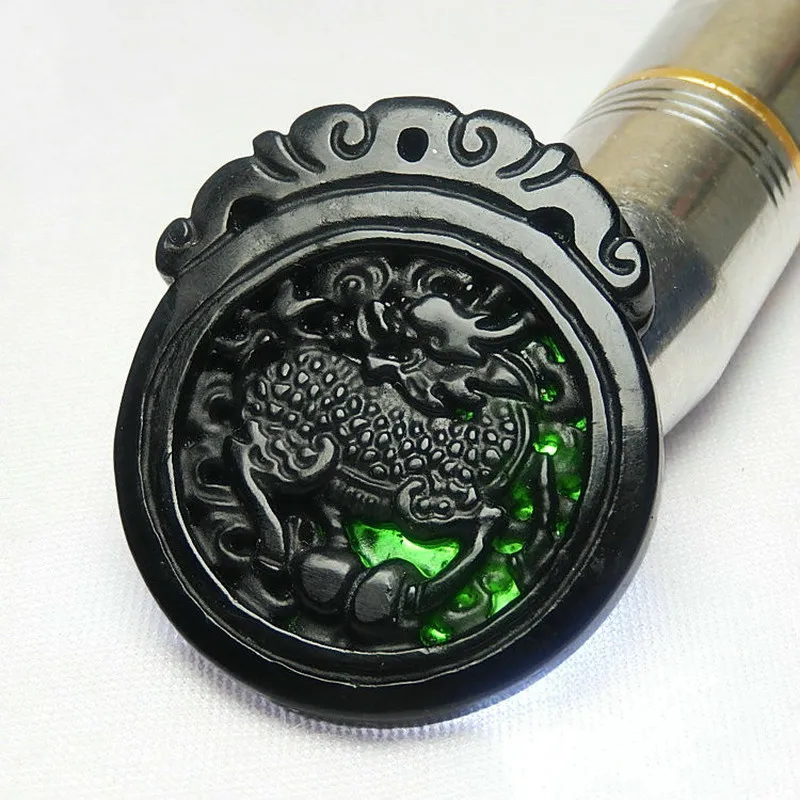 

Chinese Natural Black Green Jade Dragon Kirin Pendant Necklace Obsidian Hand-Carved Charm Jewelry Fashion Amulet Men Women Gifts