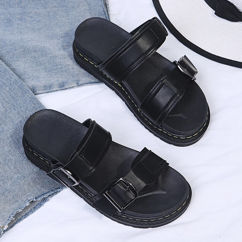 

2021 New Women Real Leather Sandals Designer Buckles Shoes Women Flat Heels Solid Color Casual Lady Footwear Beach Sandals O053