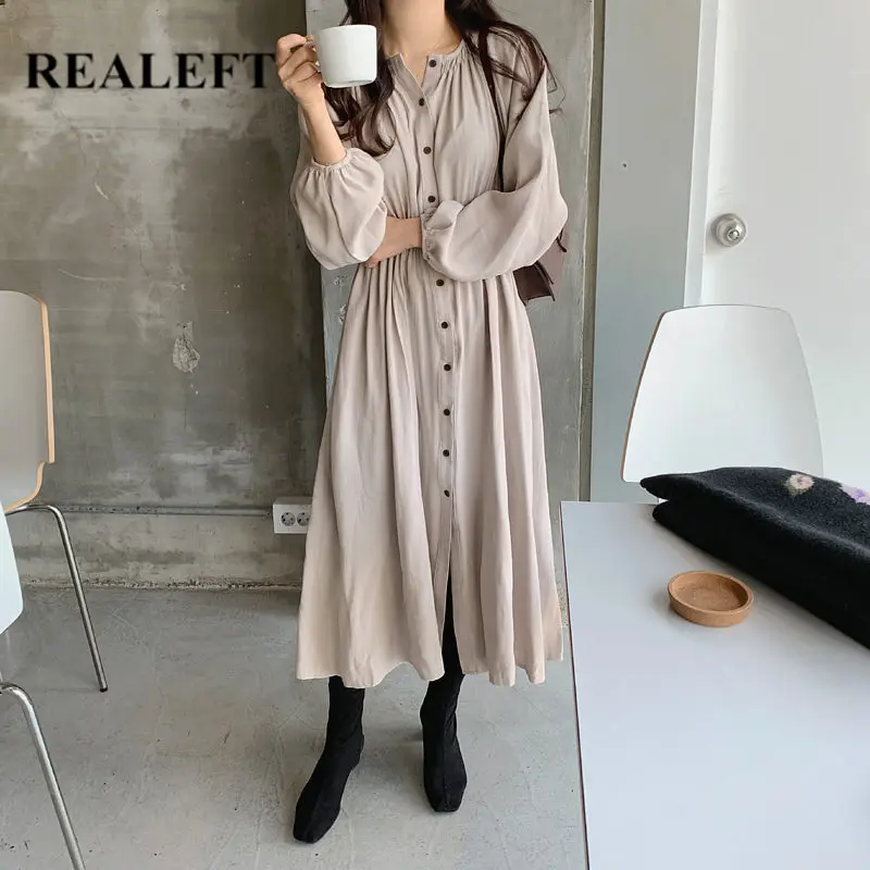 Женское однобортное платье трапеция REALEFT повседневное Длинное свободное с