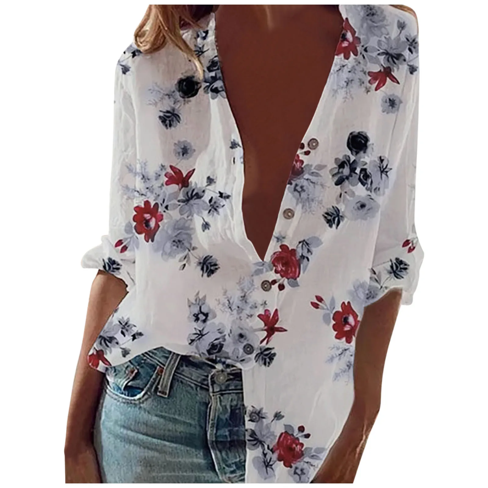 

40# Bohemian Turn-Down Collar Women Blouse Floral Print Buttons Women Shirt Vintage Casual Half Sleeves Shirt Blouses Tops