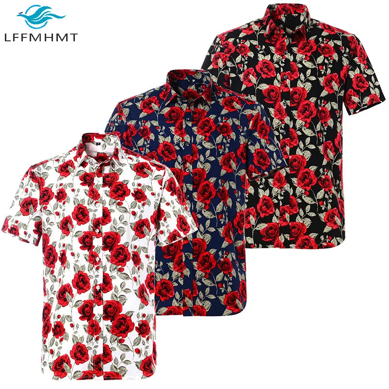 

Men Summer Fashion Short Sleeve Rose Print Lapel Button Up Shirts Male Hawaii Style Vintage Trendy Tops Beach Holiday Streetwear