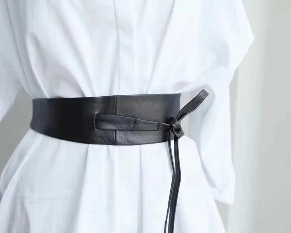 

Fashion Slimming Knotted Tie Belt Black Leather Lambskin for Women