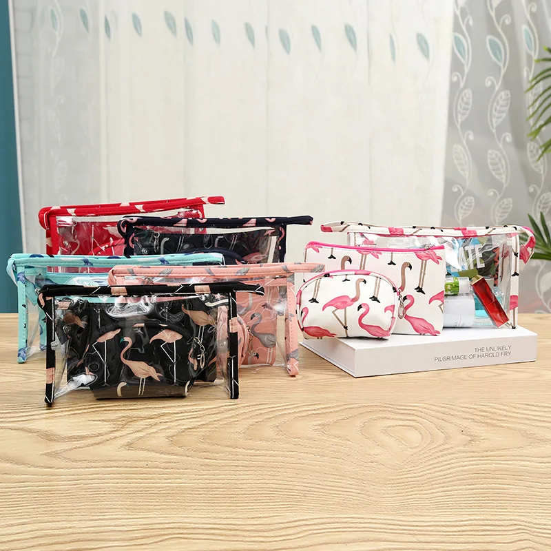 

New Transparent Flamingo Travel Portable Cosmetic Storage Bag Three-piece Storage Organizer Make Up Bag Makeup Pouch