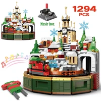 city santa claus music box christmas tree building blocks winter village house architecture holiday train bricks toys for kids