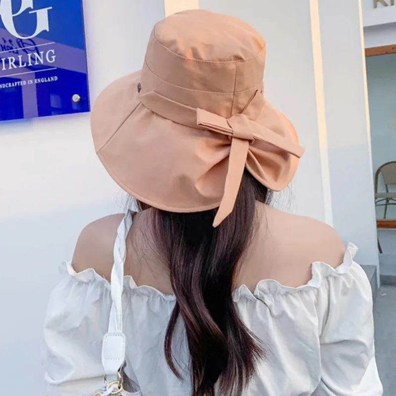 

Fashion New Spring And Summer Sun-Shading Sunscreen Single Fisherman Hat Plaid Korean Bowknot Big Brim Hat