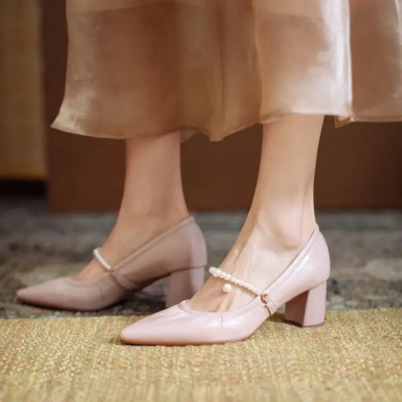 

KemeKiss New Women High Heel Shoes Real Leather String Beads Fashion Sweet Shoes Women Thick Heel Women Footwear Size 34-43