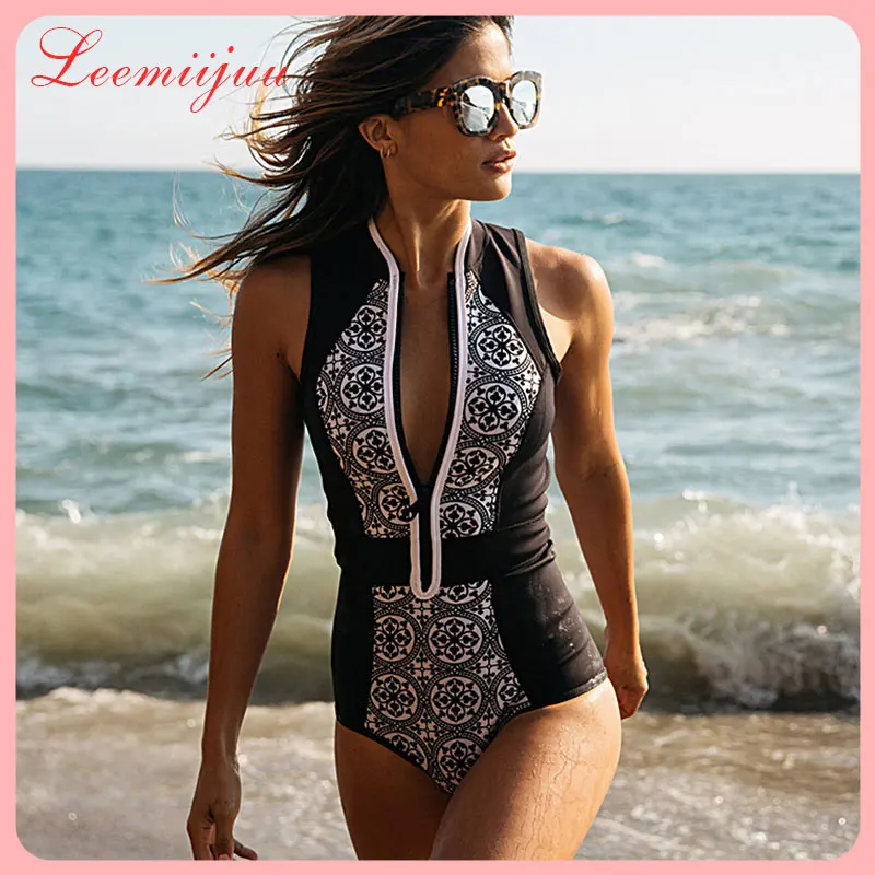 

LEEMIIJUU Women Sexy One Piece Swimsuit Bikinis Print Floral Push Up Zipper Bathing Suit Beach Wear Brazilian Bikini Swimwear