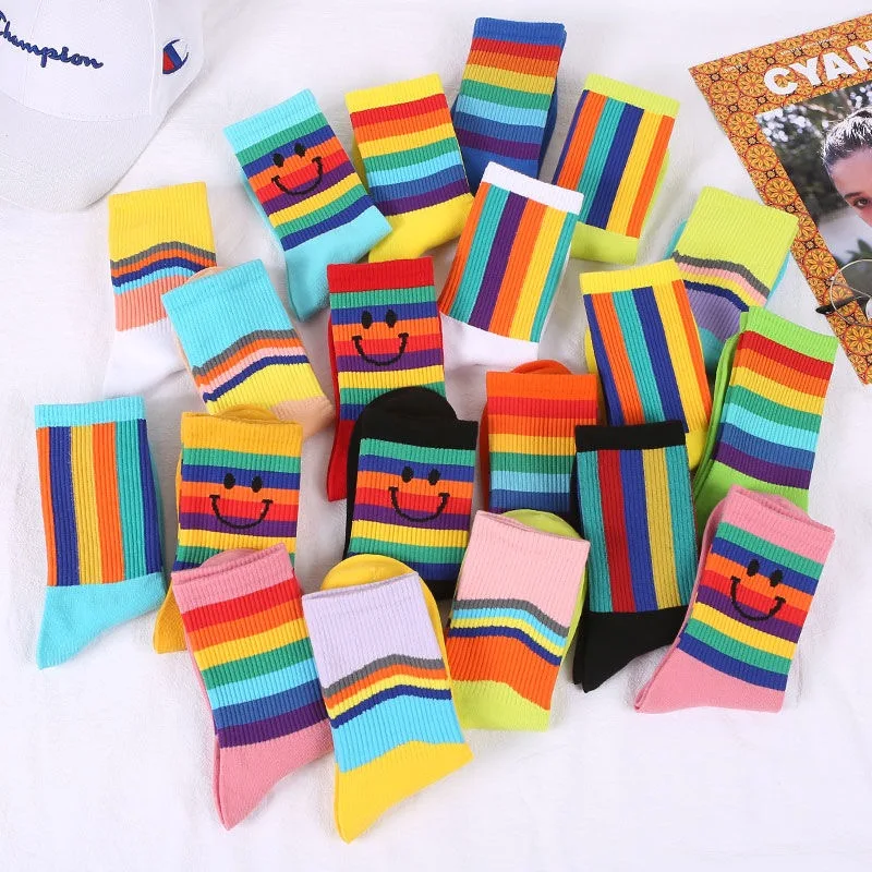 Носки женские хлопковые в радужную полоску модные теплые рождественские