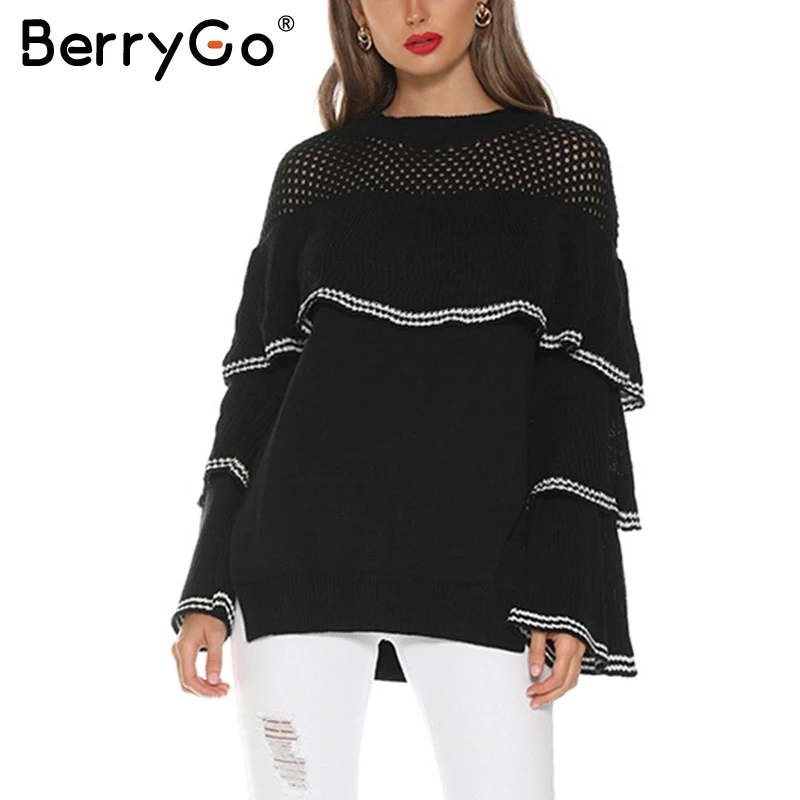 BerryGo Elegant hollow out women sweater Ruffles striped loose female pullover jumper Soft autumn winter ladies knitted sweaters | Женская