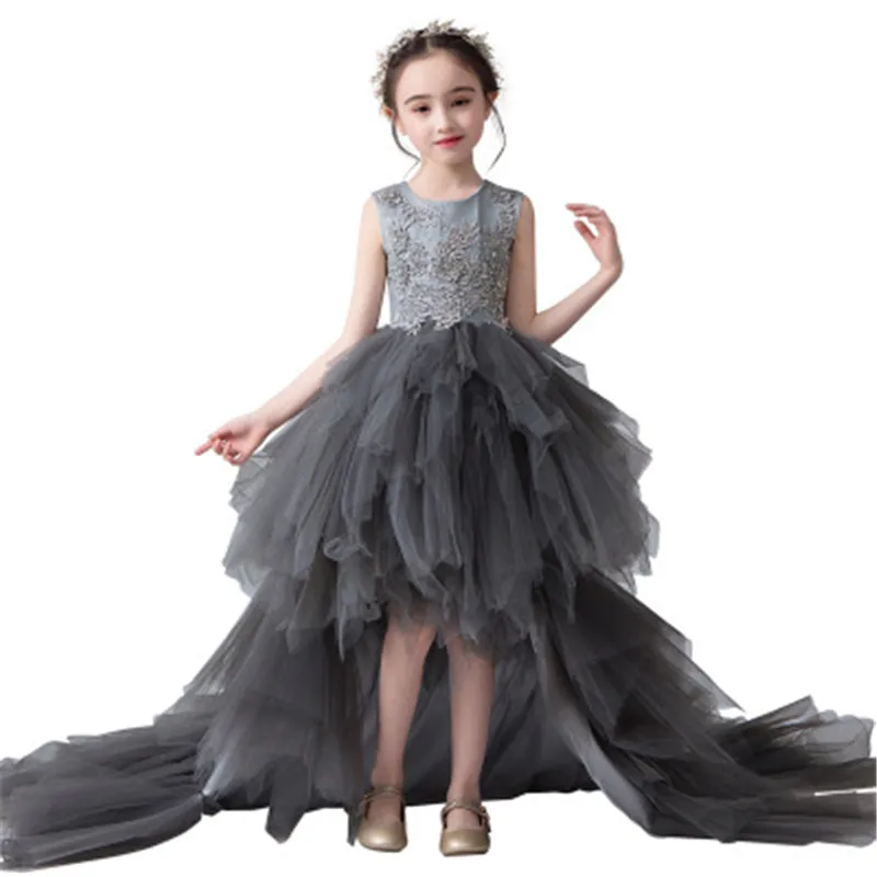 Серые платья с высоким и низким цветочным рисунком для девочек Свадебное бальное