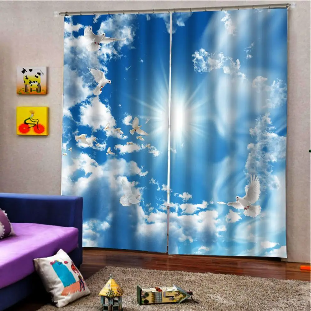На солнце голубое небо белый занавес с облаками фото печать для гостиной спальни