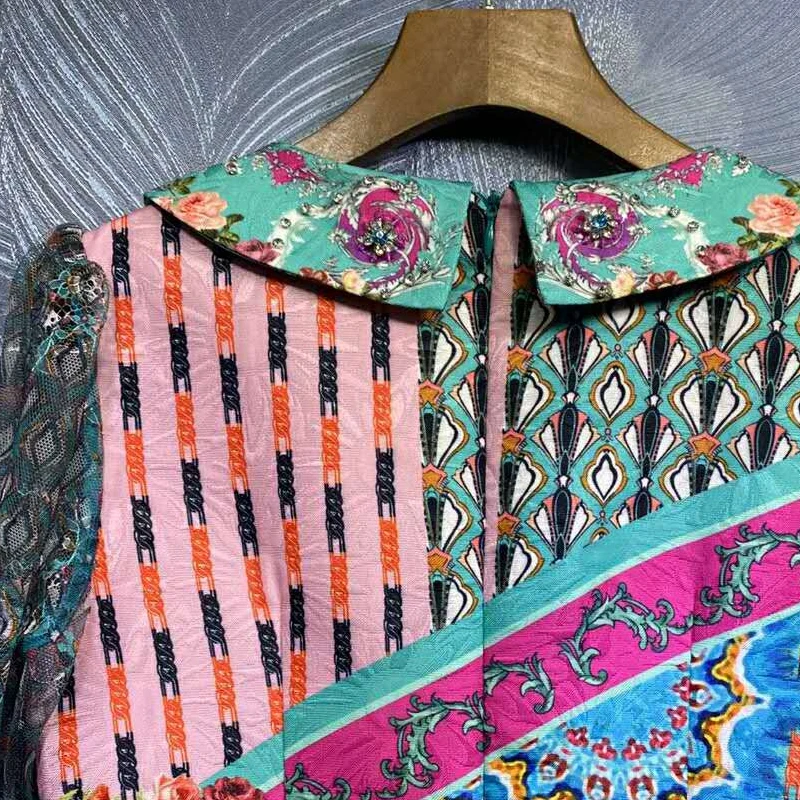 

SEQINYY Runway Dress 2020 Summer Spring New Fashion Design Women Mesh Flower Print Vintage Crystal Jacquard Dress