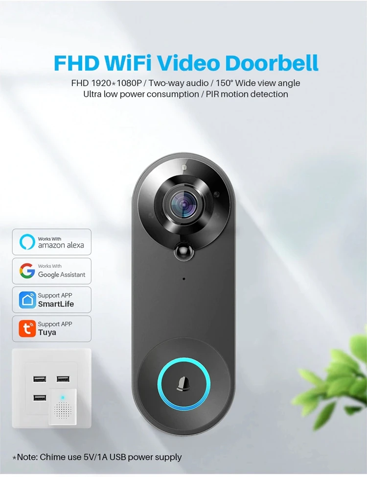 2MP 1080P Lower Power Comsunption WIFI Doorbell Tuya APP Motion Detection Video Door Phone Intercom Visual Door Viewer