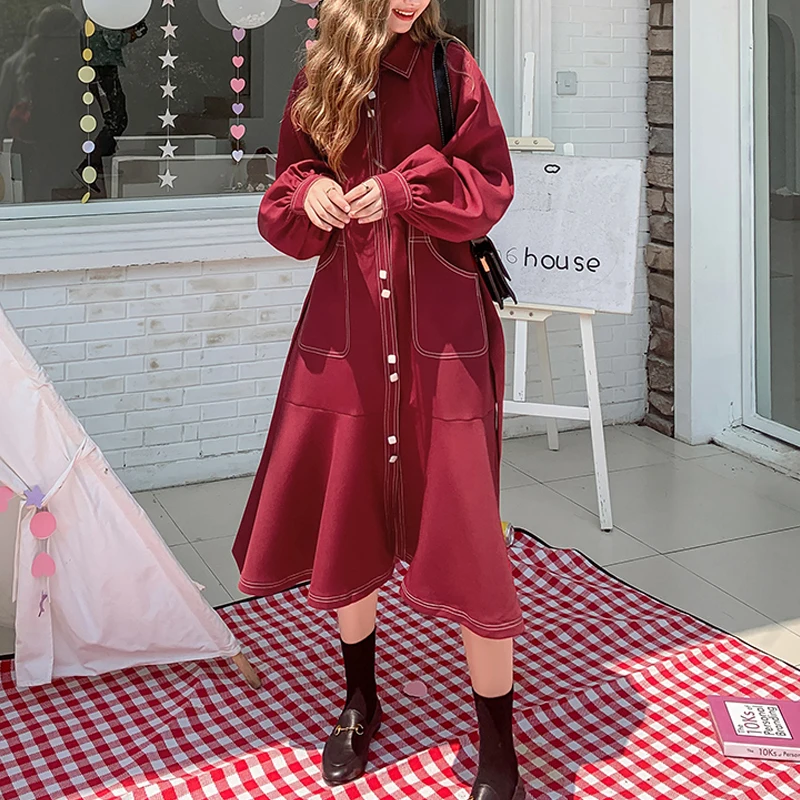 Винтажный однобортный Женский Тренч винно красного цвета осенне зимнее модное