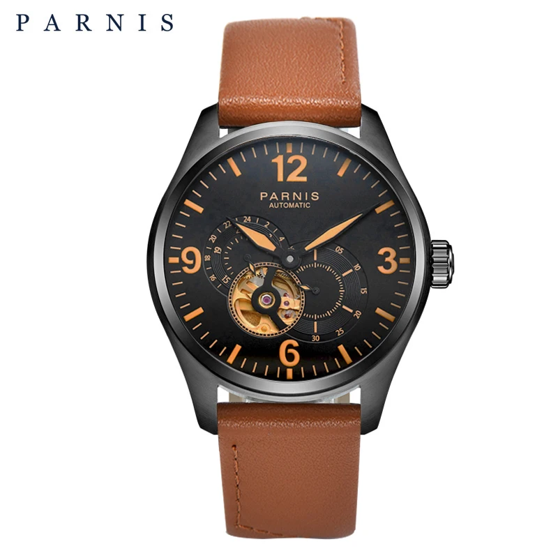 

New Parnis Men's Tribullon Automatic Mechanical Watch Skeletons Miyota 821A Movement Men Leather Luminous Watches 2019 man gift