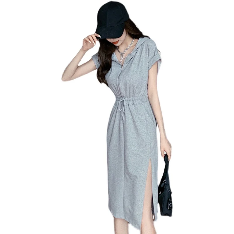 

Little reduction of age show thin leisure Fried street sports short sleeve hooded fleece split design feeling draw string women